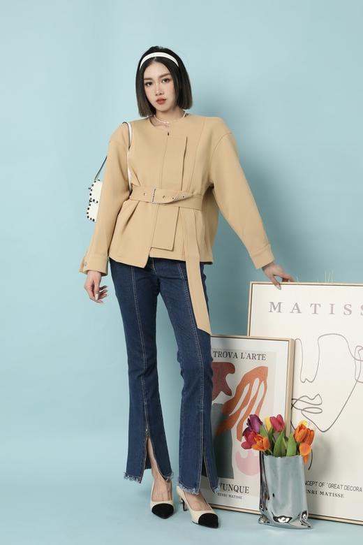 Le Malene 卡其色简约气质款圆领腰带外套 15636 商品图0