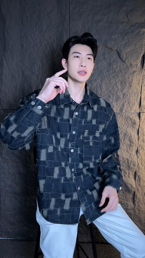 CS201秋冬季新款牛仔衬衫外套潮流时尚个性拼接格子长袖衬衣男装 商品图0