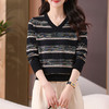 CC-101-56263鸡心v领长袖t恤女士2025春秋新款条纹洋气针织打底衫上衣 商品缩略图1