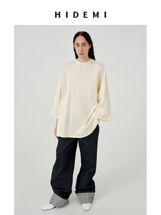 HIDEMI 极简圆领大廓形进口自然棉纱线中长款套头九分袖T恤 黑色/浅花灰/蛋奶米黄/自然白 商品图14