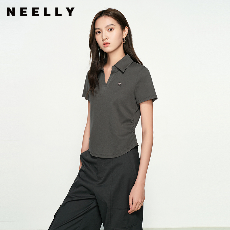 NEELLY纳俪商场同款春新款POLO领显瘦休闲短袖T恤女时尚设计上衣N25031T01121