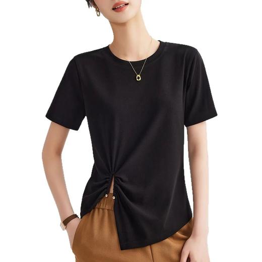 【自】全新升级【铂金会员100/天猫129/差价29】(82453) 洛诗琳2025春夏高级感设计小众短袖T恤不规则下摆褶皱上衣 商品图4