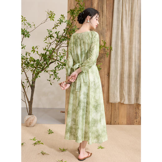 三彩【云影拂翠】2025春季新款新中式晕染印花长裙连衣裙插肩袖C 商品图2