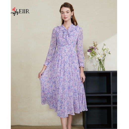 司歌印花雪纺长袖收腰连衣裙中长裙A901327X 商品图1