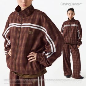 CryingCenter 红棕双杠格纹运动夹克上衣裤子套装 哭喊中心