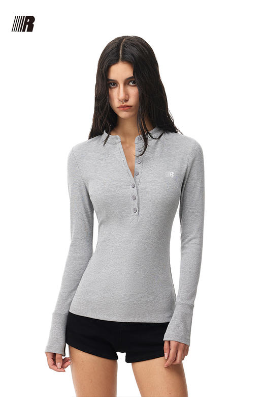 FDR官方店 复古亨利领纽扣长袖t恤女春季新款修身显瘦打底衫上衣 商品图5