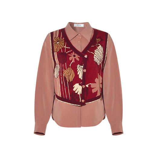 两三事 红莓夕霞 2025春季新款复古针织花卉拼接假两件衬衫女宽松S25CC453 商品图4