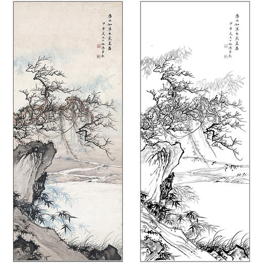 陈少梅山水人物工笔画白描底稿《仿唐六如灌木丛篁图》临摹勾线高清打印稿SM24 商品图0