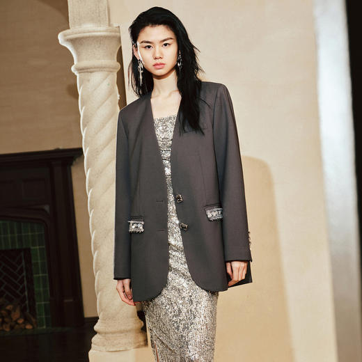 都市奢华感无领亮片装饰廓形西装外套(货号:MC85JA056A8002) 商品图0