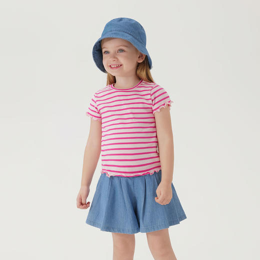 马克珍妮女童弹力针织波浪边条纹短袖T恤儿童上衣夏装新款240721 商品图1