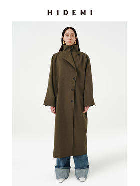HIDEMI 日本进口阳离子纱线斗篷蝙蝠袖双层不对称领宽松长款风衣