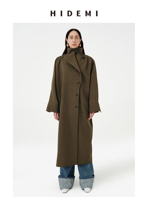 HIDEMI 日本进口阳离子纱线斗篷蝙蝠袖双层不对称领宽松长款风衣 商品图0