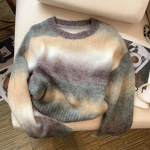 雀说春装新款韩版设计感渐变色宽松短款针织衫毛衣女 商品图5