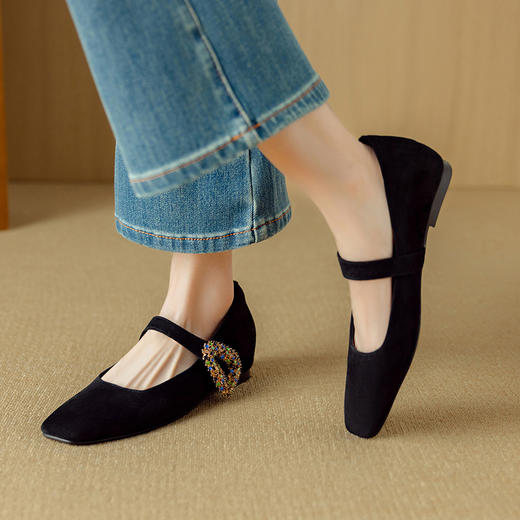 OLDK1370春秋杏色方头内增高单鞋女浅口羊翻皮f玛丽珍鞋方头软底大码磨砂 商品图1