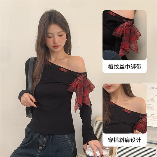 性感辣妹斜肩设计感格纹绑带长袖T恤女修身显瘦上衣V0250167 商品图2