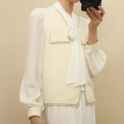 【雅*同款】SUSX小香风拼接飘带V领衬衫C12TJ-99945（下单3-7天发货） 商品图3