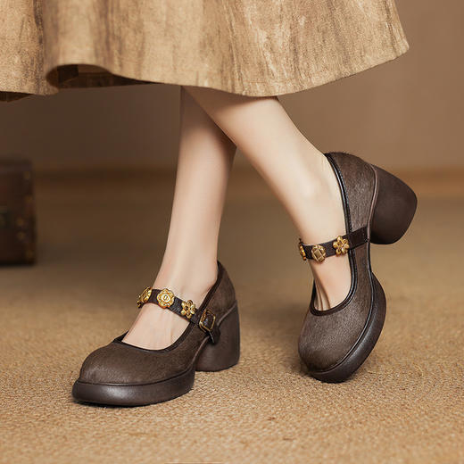【预售5天】英伦风厚底小皮鞋女粗跟圆头一字扣带真皮马毛玛丽珍浅口单鞋TYMXY&6850 商品图1