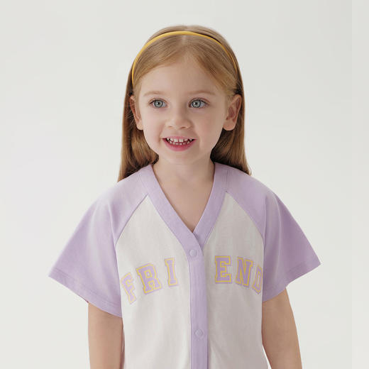 马克珍妮新款夏装 女童撞色拼接V领纯棉短袖T恤231006 商品图3