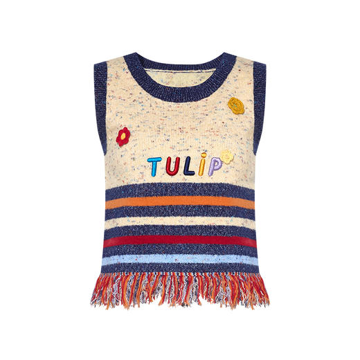 两三事 缓存浪漫 2025春新款字母刺绣拼色条纹流苏下摆针织衫女 商品图4