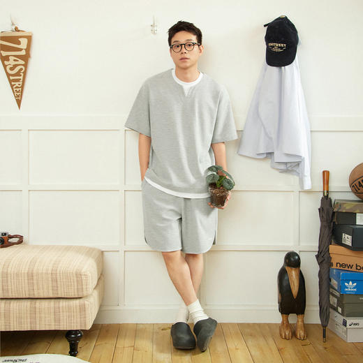 714street重磅宽松华夫格短袖T恤男款2025夏季新款日系假两件上衣 商品图1