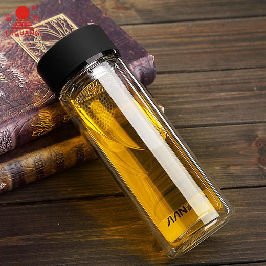 【创意泡茶杯，带盖设计】富光双层玻璃杯 男女创意便携 水杯泡茶杯子 大容量耐热带盖水杯-QQ 商品图1