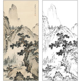 陈少梅山水人物工笔画白描底稿《听松观瀑》临摹勾线高清打印稿SM20