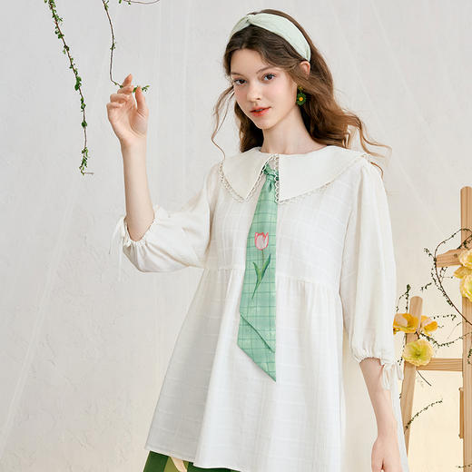 两三事 浮花清影 2025春季新款甜美印花领带绑带泡泡袖衬衫女宽松 商品图2