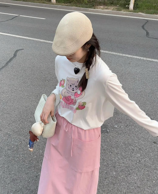 【2月21日 上午12:30 秒杀】莫代尔T恤 设计师品牌 围绕“Call me”而诞生的猫咪印花图案趣味长袖T 商品图0