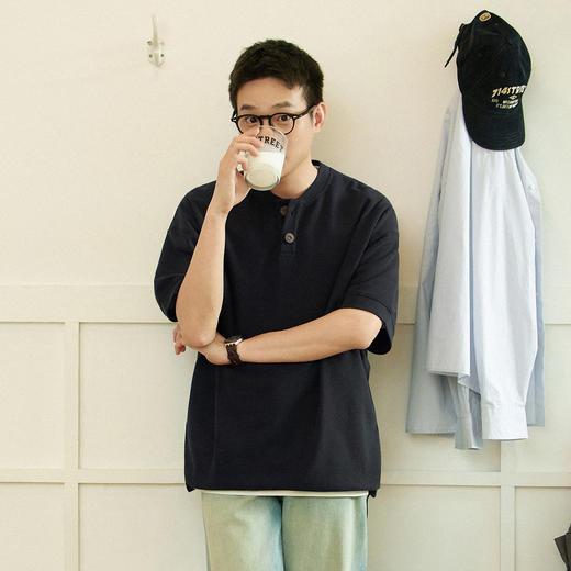 714street重磅日系华夫格短袖T恤男夏季新款国潮亨利领上衣情侣装 商品图1