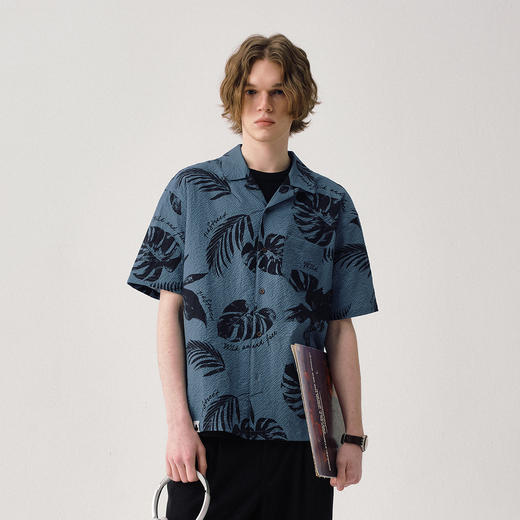 714street树叶满印微皱美式复古短袖衬衫男夏季新款情侣沙滩衬衣 商品图1