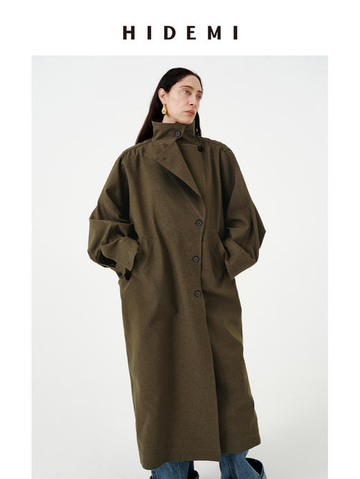 HIDEMI 日本进口阳离子纱线斗篷蝙蝠袖双层不对称领宽松长款风衣 商品图3