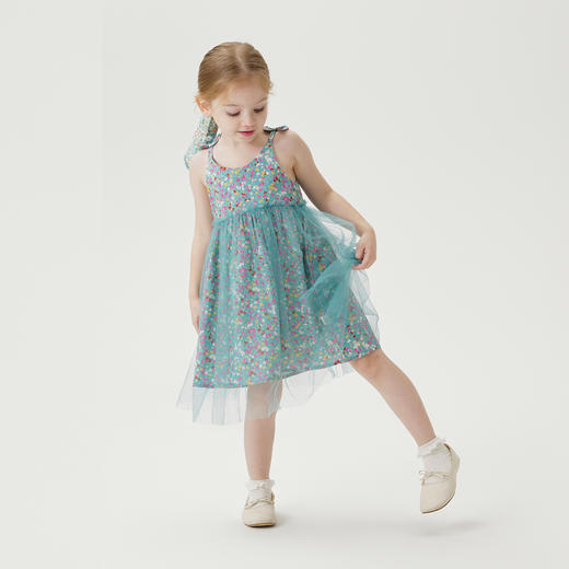 【马克珍妮 芦芙】夏装新款 女童碎花蝴蝶结吊带网纱连衣裙230003 商品图3