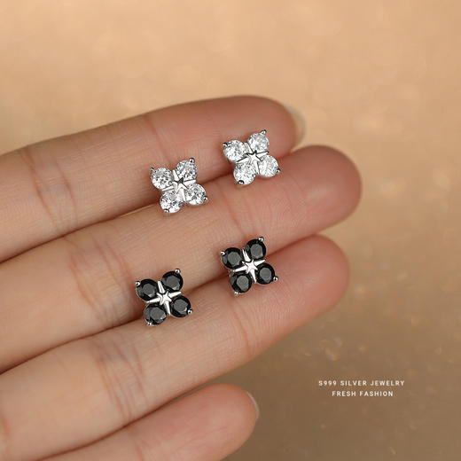 【四叶纷飞】s999纯银星芒四叶草黑色锆石耳钉【YXS-E5137】 商品图2