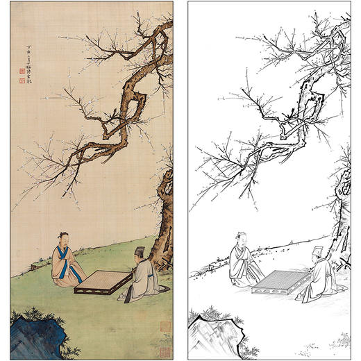 陈少梅山水人物工笔画白描底稿《对弈图》临摹勾线高清打印稿SM22 商品图0