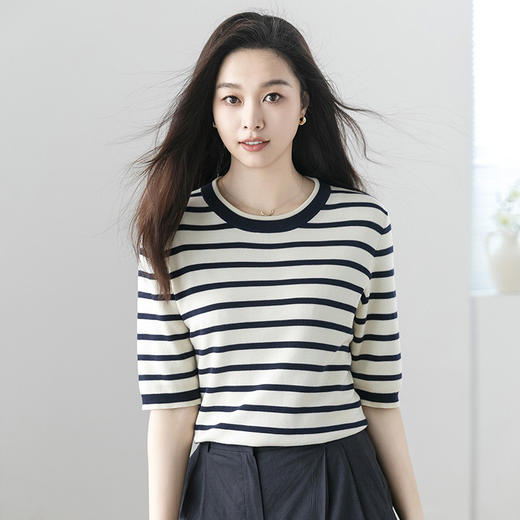 火桐hooton 自在舒适 条纹圆领针织短袖G223 商品图1