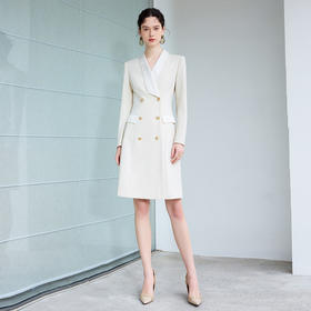 IWY/高级感米白色缎面西装连衣裙女春季长袖新款职业裙装Q1014