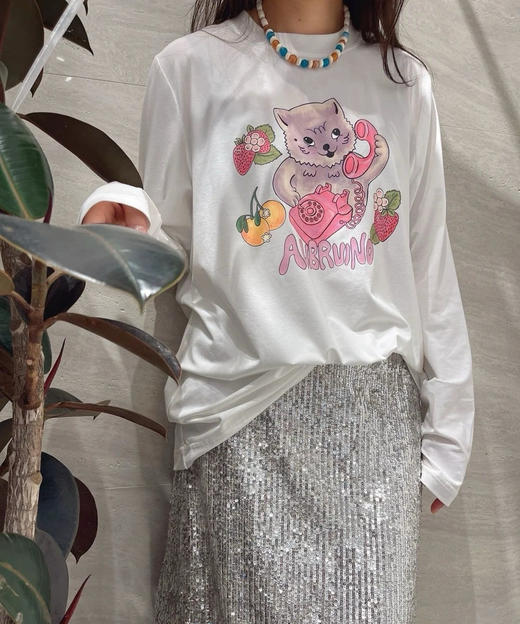 【2月21日 上午12:30 秒杀】莫代尔T恤 设计师品牌 围绕“Call me”而诞生的猫咪印花图案趣味长袖T 商品图4