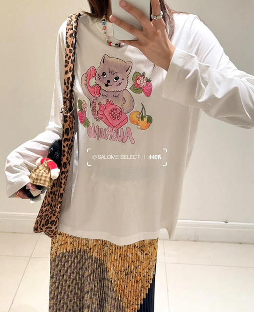 【2月21日 上午12:30 秒杀】莫代尔T恤 设计师品牌 围绕“Call me”而诞生的猫咪印花图案趣味长袖T 商品图5