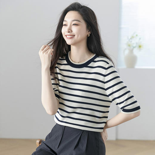 火桐hooton 自在舒适 条纹圆领针织短袖G223 商品图4