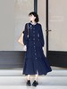 A9099早春法式玫瑰绣花连衣裙假两件复古通勤藏青长袖 商品缩略图0