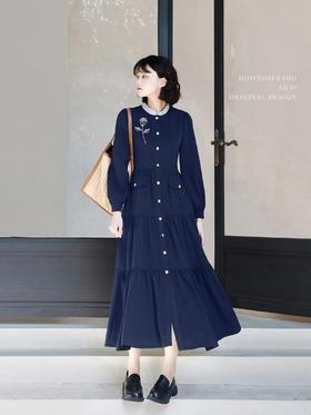 A9099早春法式玫瑰绣花连衣裙假两件复古通勤藏青长袖