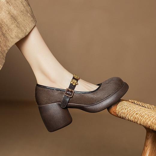 【预售5天】英伦风厚底小皮鞋女粗跟圆头一字扣带真皮马毛玛丽珍浅口单鞋TYMXY&6850 商品图4