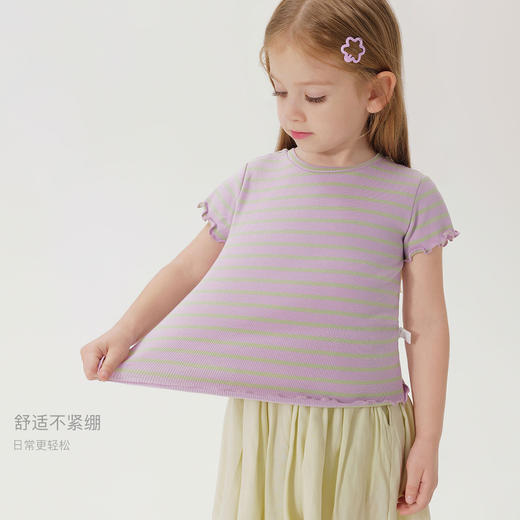 马克珍妮女童弹力针织波浪边条纹短袖T恤儿童上衣夏装新款240721 商品图2