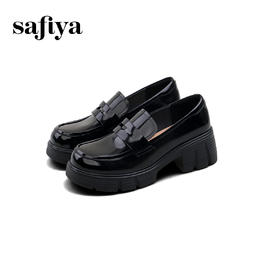 Safiya/索菲娅2025英伦学院风钻扣粗跟漆皮厚底增高乐福鞋SFD1112415