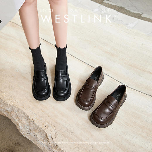 【限时秒杀】西遇复古乐福鞋女新款早秋设计感褶皱通勤单鞋厚底棕色小皮鞋D0047448 商品图0