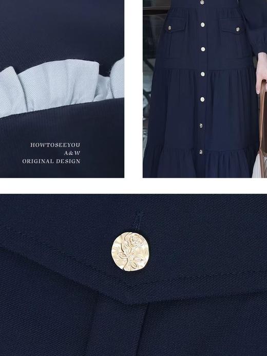 A9099早春法式玫瑰绣花连衣裙假两件复古通勤藏青长袖 商品图4