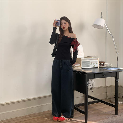 性感辣妹斜肩设计感格纹绑带长袖T恤女修身显瘦上衣V0250167 商品图1