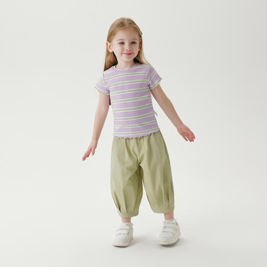 马克珍妮女童弹力针织撞色条纹短袖T恤 儿童上衣夏装新款240756 商品图1