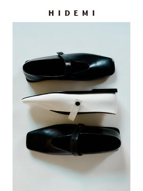 HIDEMI 极简方头进口小牛皮搭襻式玛丽珍平底鞋 黑色/白色