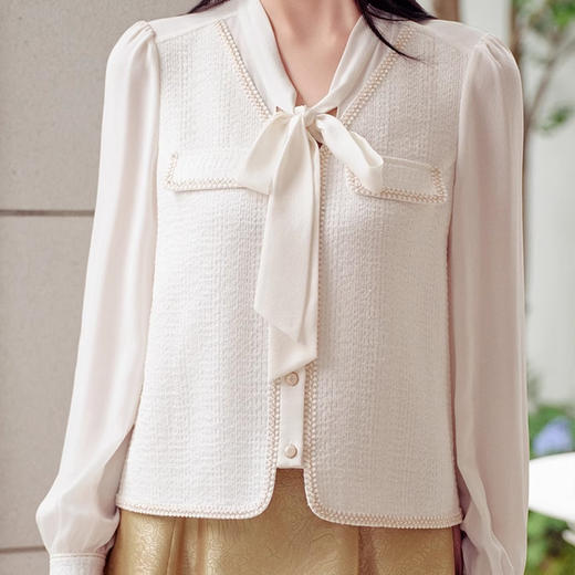 【雅*同款】SUSX小香风拼接飘带V领衬衫C12TJ-99945（下单3-7天发货） 商品图1
